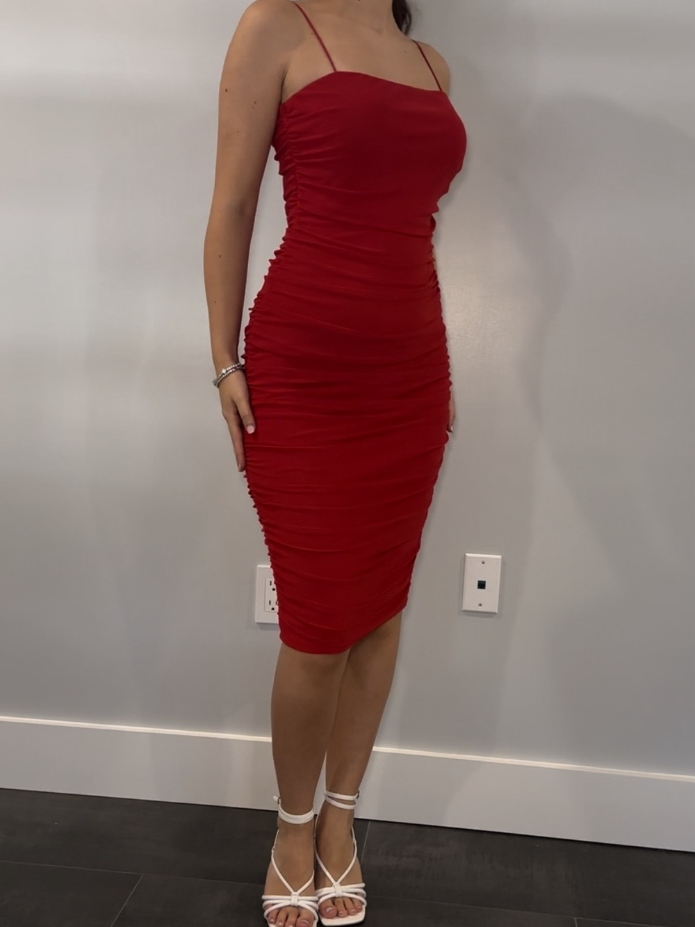 B Darlin Red Ruched Midi Dress with Spaghetti Straps